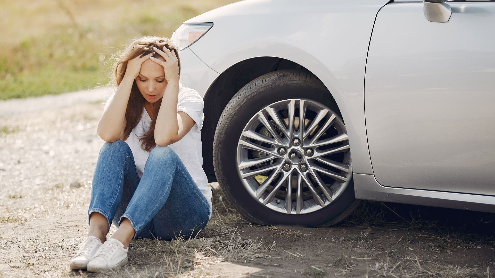 Frustrated female driver in white t shirt and jeans sitting on ground near damaged car with hands on head during car travel in sunny summer day