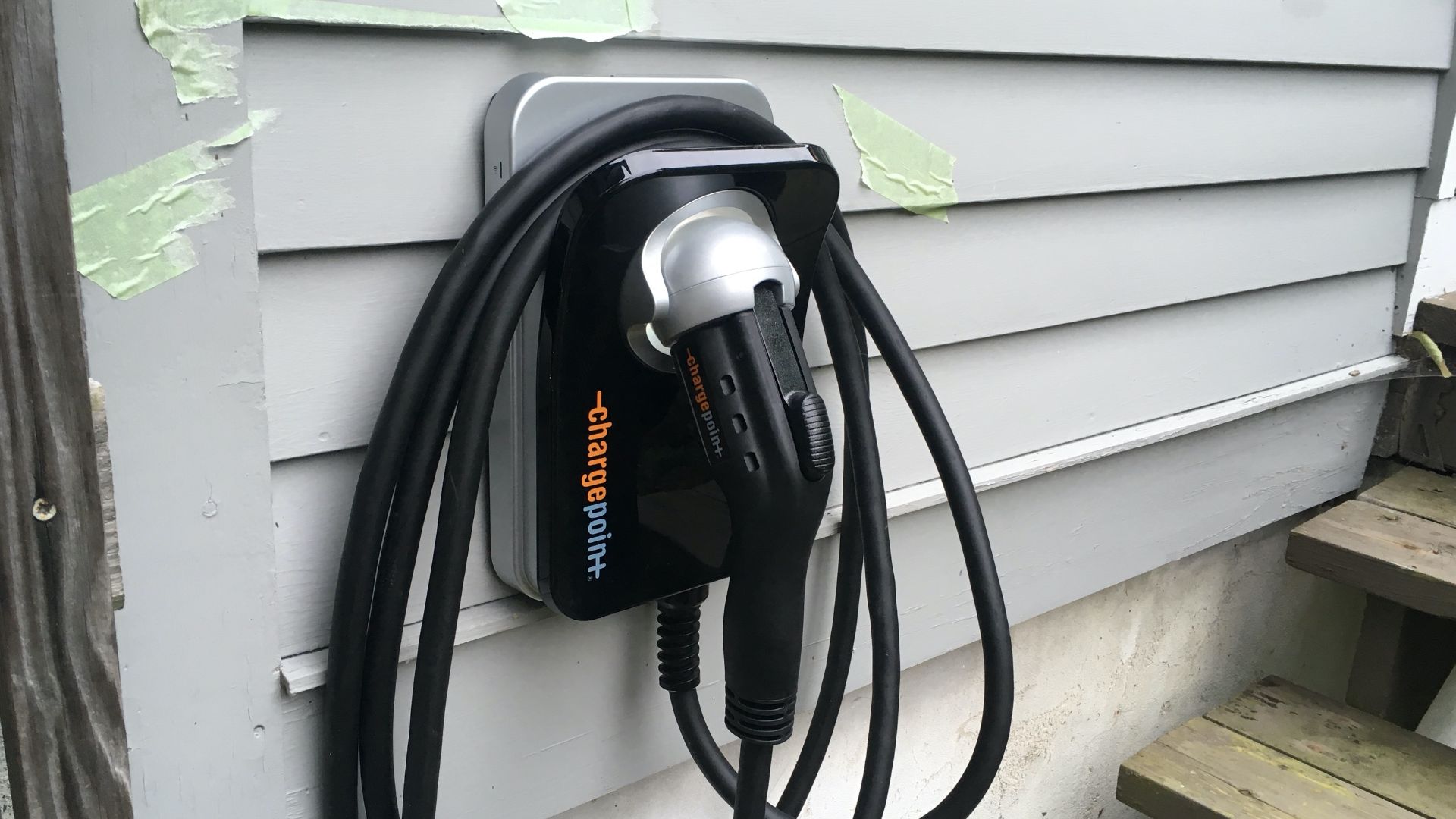Home EV charging by ChargePoint in CT. The tape was used to cover the connection in to the house before the charger was actually installed.