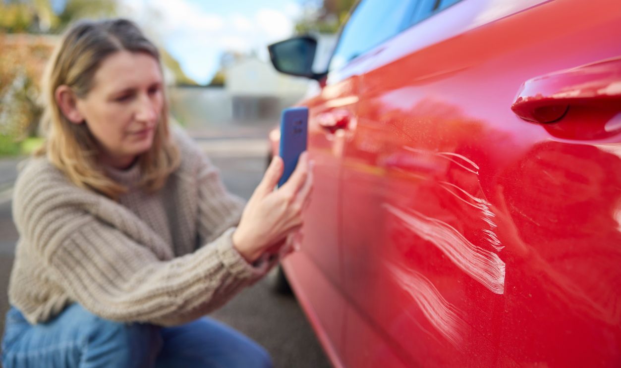 Mature Female Driver Taking Photo Of Damage To Car After Accident On Mobile Phone
