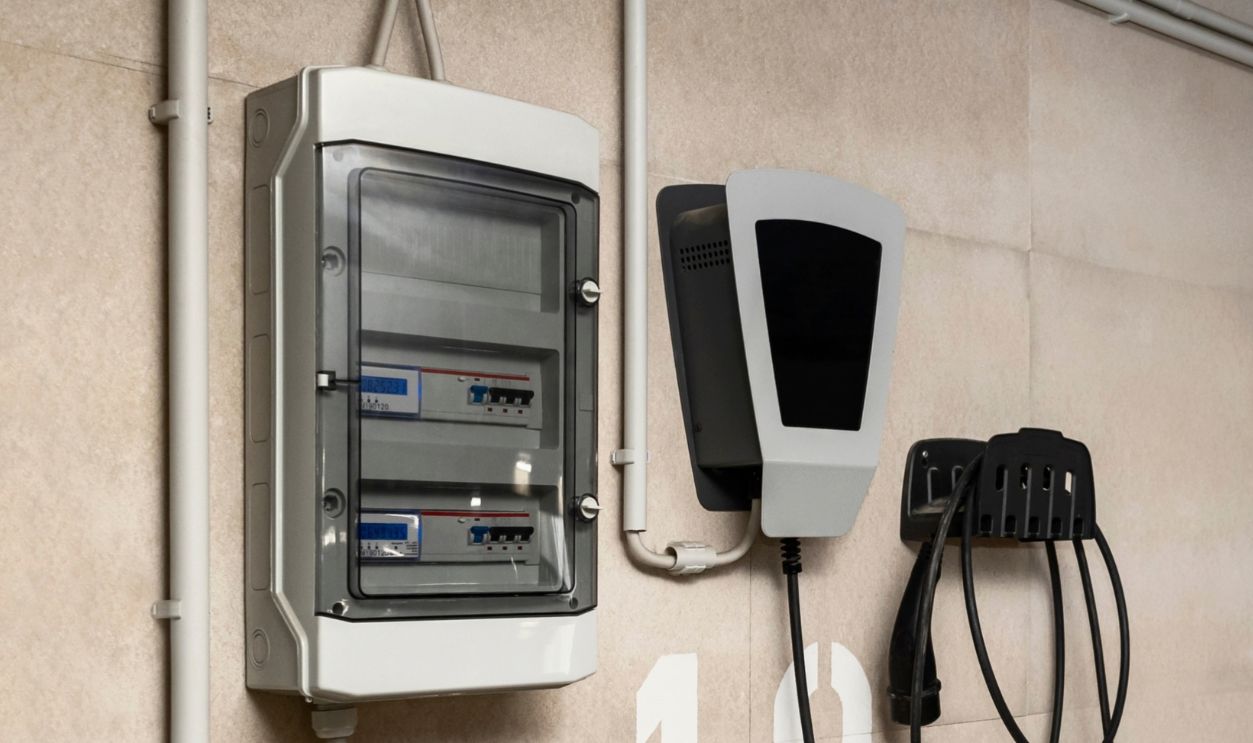EV Charger Station and Electricity Meter for EV Charging for Personal Apartment in Urban Underground Car Parking Basement of Smart Apartment Building.
