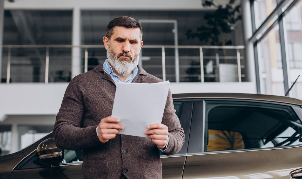 Handsome business man reading documents about car rent