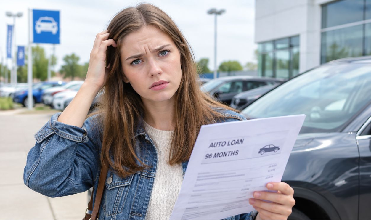 Confused Young Woman Reviewing a 96-Month Car Loan