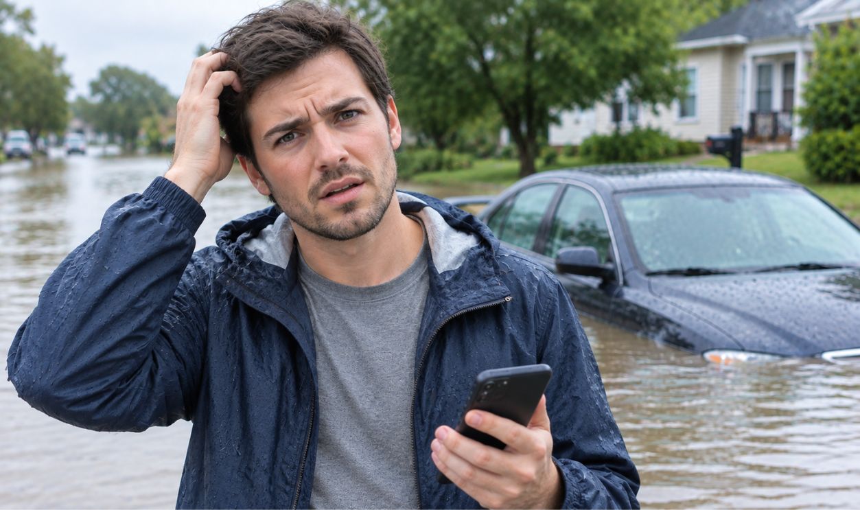 Confused Man in a Flooded Neighborhood