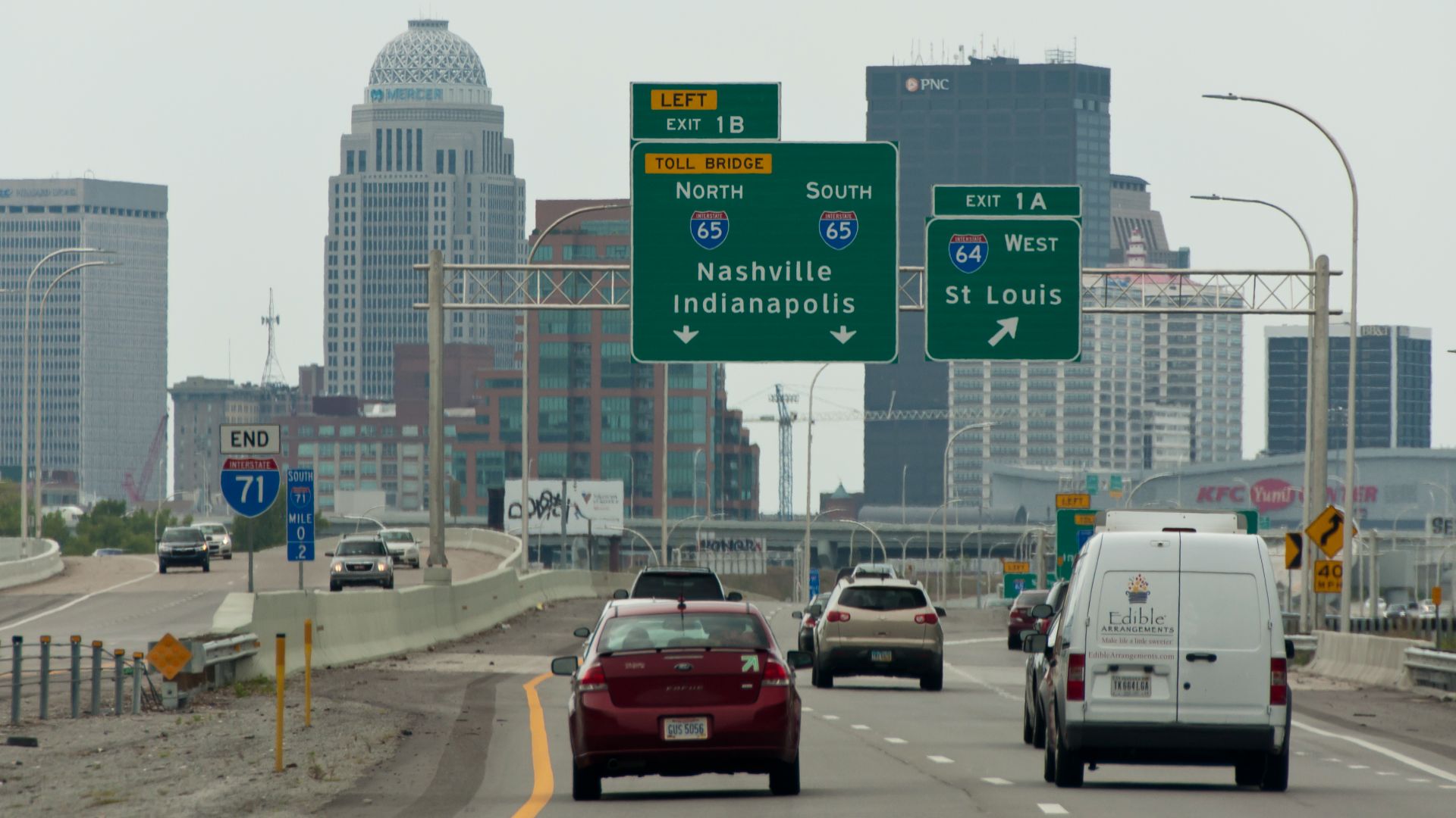 End of Interstate 71 in Louisville, Kentucky. Taken at the junction of Interstate 65 north and south, and Interstate 64 west.