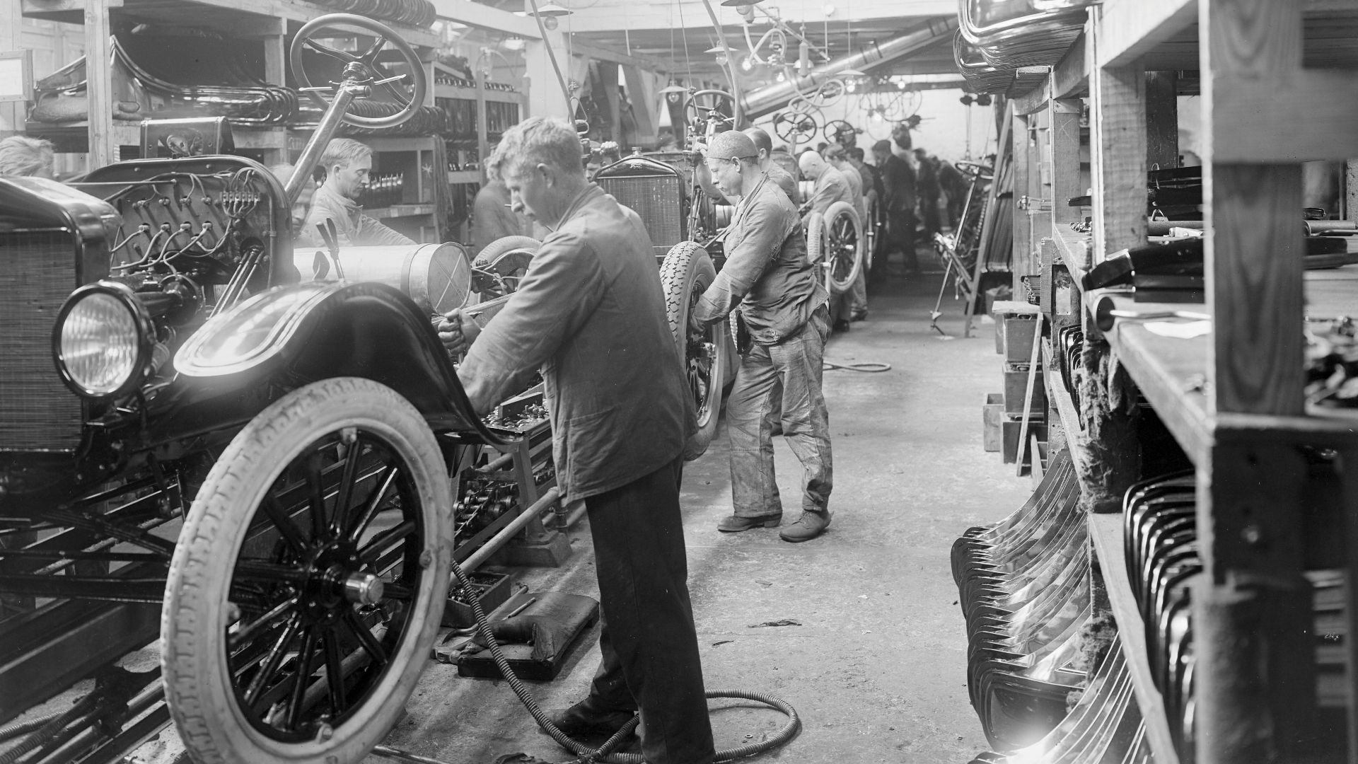 Ford assembly line in Copenhagen at Ford's factory in Heimdalsgade in 1923. The following year Ford opened a brand new factory in Sydhavnen (Copenhagen South Port) to continue assembly of Ford models