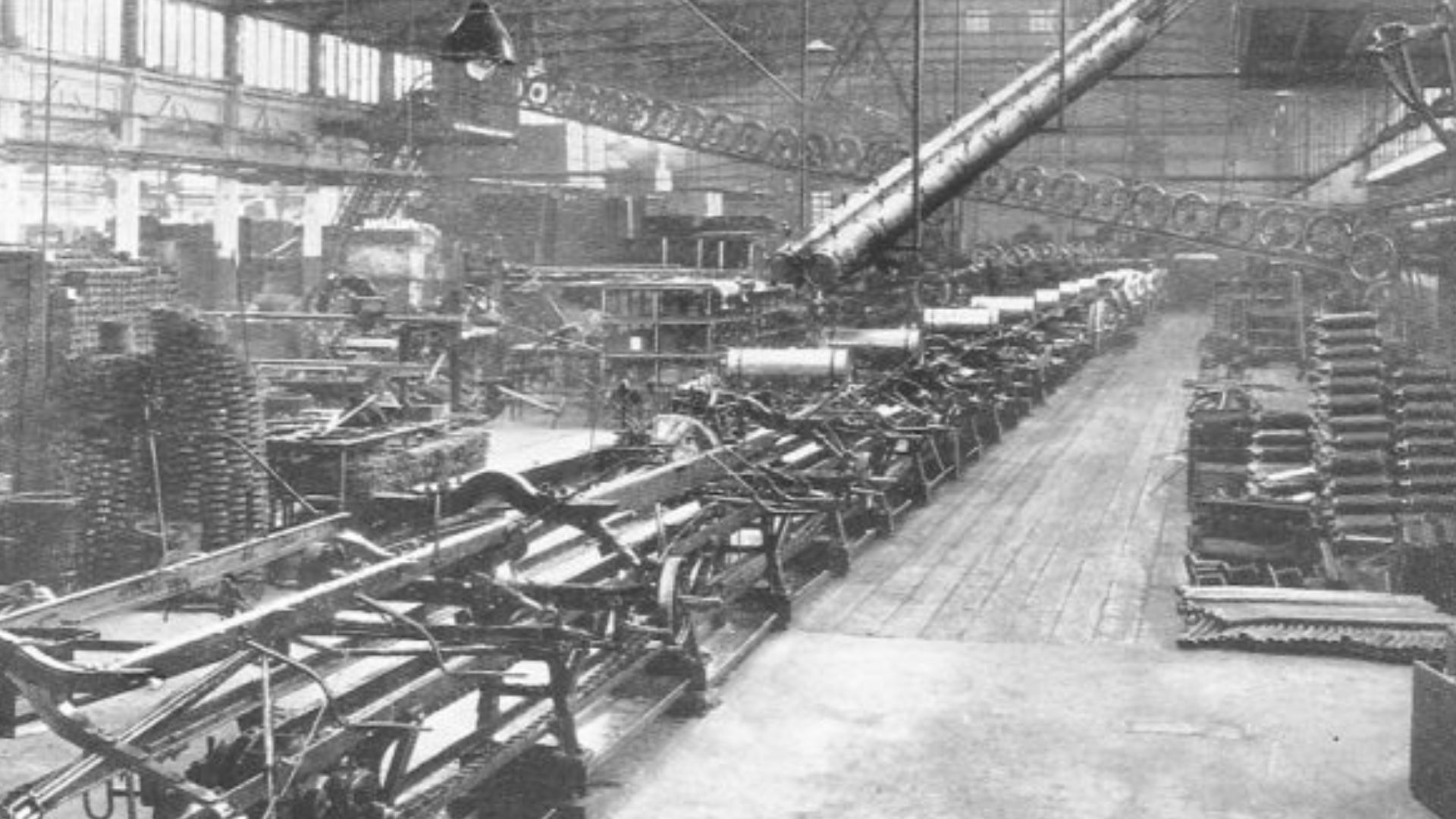 Moving assembly line for Ford Model T chassis at the Trafford Park factory in Manchester, England, 1923.