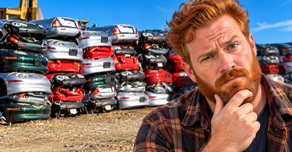 AI-generated image of a man standing in front of crushed EV1s