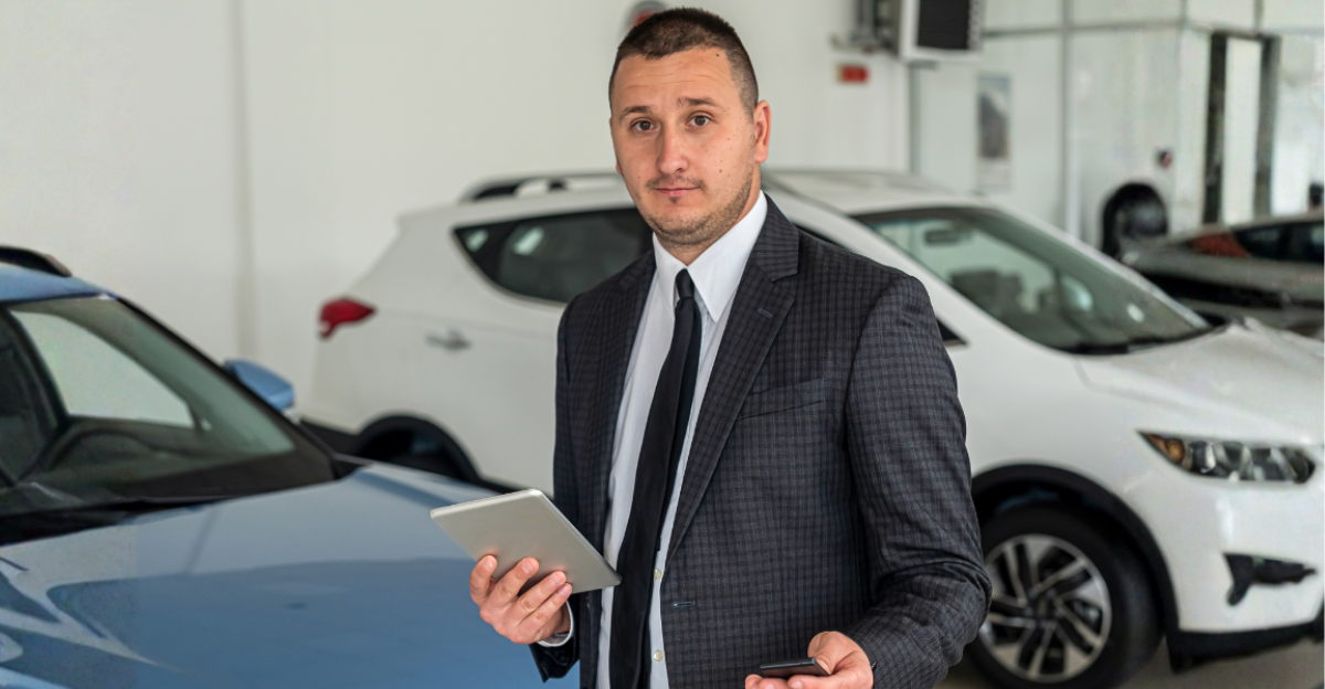 Satisfied happy young male customer choosing new car at showroom or dealership. vehicle sale concept