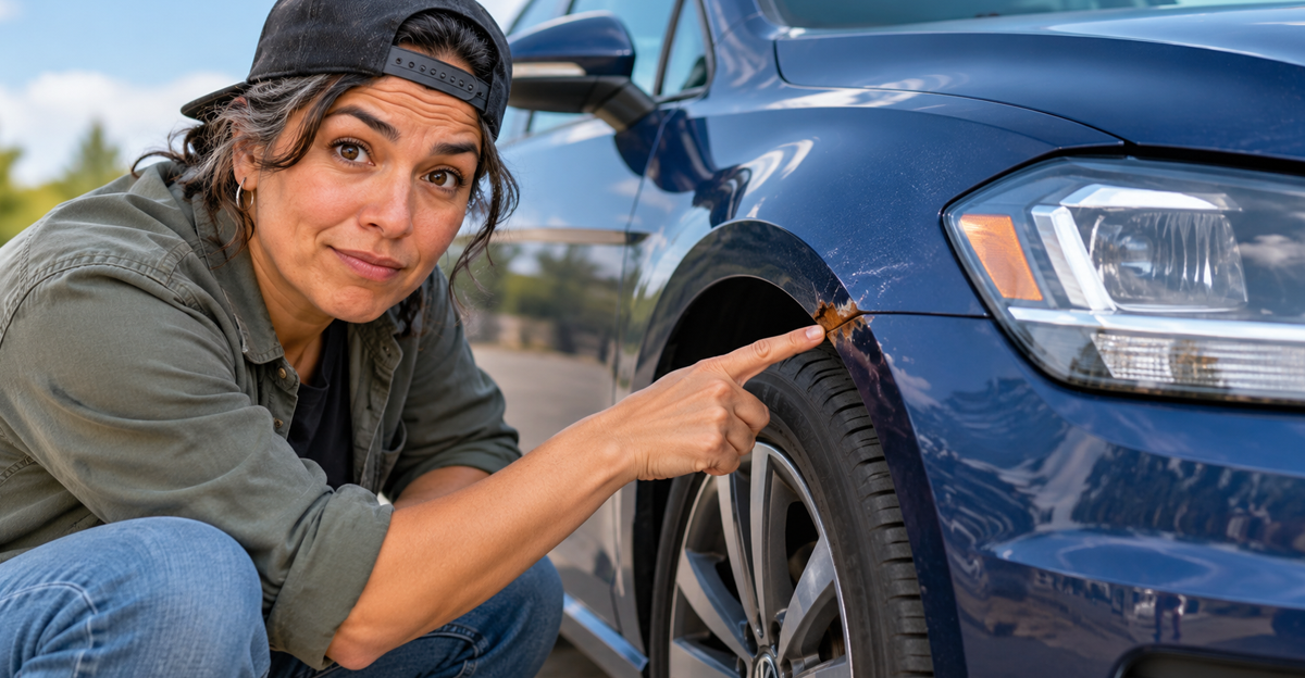 AI-generated image of a woman crouched down next to car with visible rust