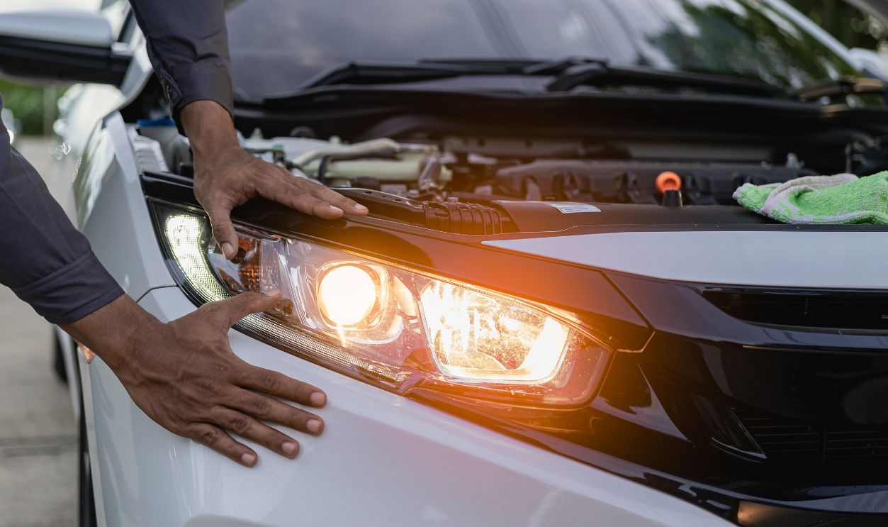 Shutterstock-2437625163, Car mechanic's hands holding car headlights, auto parts concept Car mechanic changes damaged car bulbs and inserts new bulbs under engine maintenance concept.