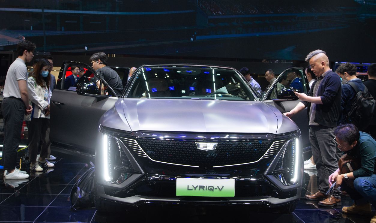 A Cadillac LYRIQ is at the Cadillac booth at the National Exhibition Center in Shanghai, China, on April 25, 2025, during the first day of public viewing of the Shanghai International Automobile Show.