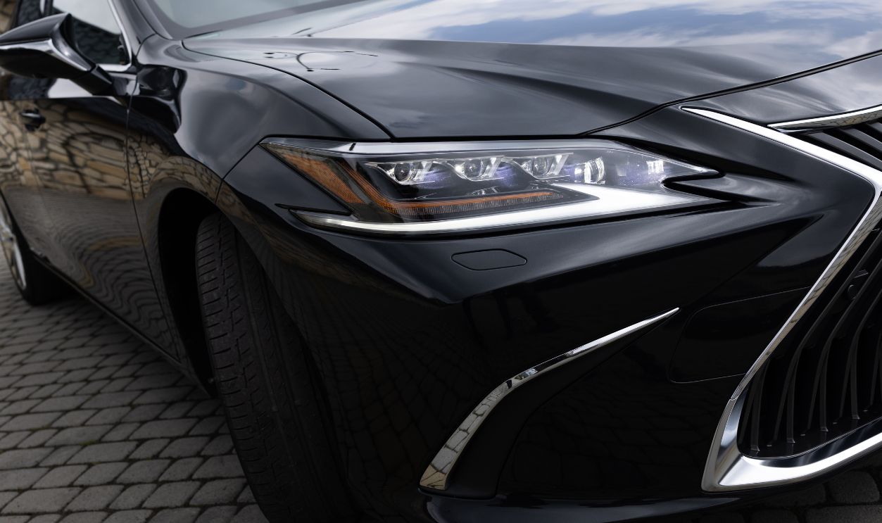 Front matrix headlights close-up. All LED adaptive headlight of a modern car. Headlight consists individual matrix LED units that can be switched on, off, depending on driving conditions.