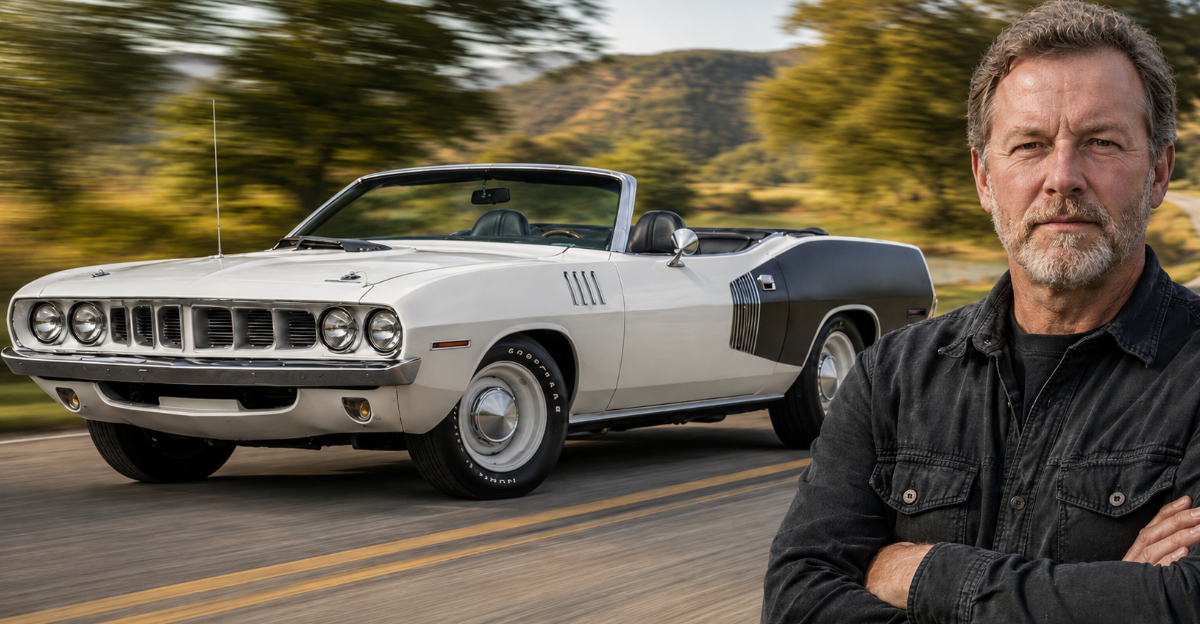 Muscle car on road, man in foreground looking at camera