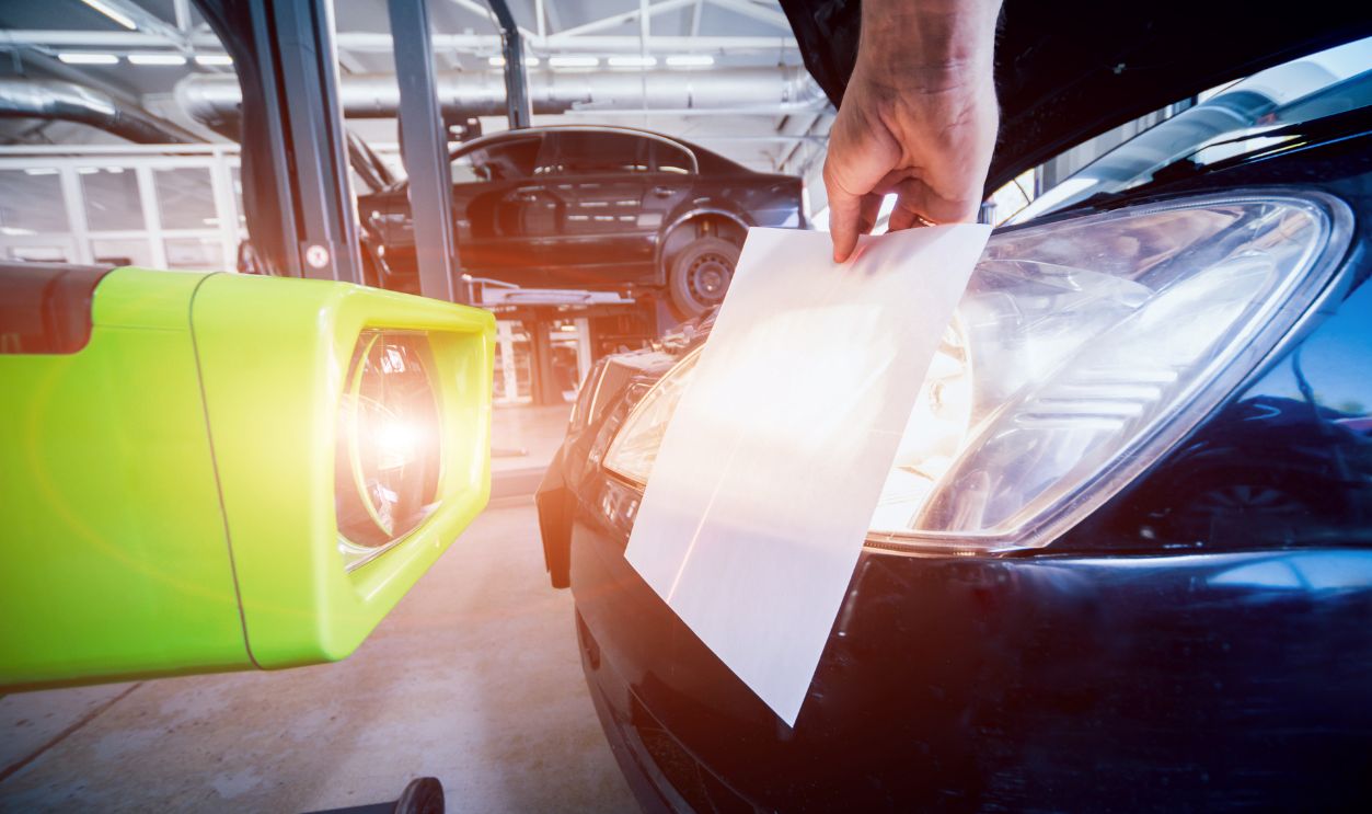 Shutterstock-1105391276, Worker checks and adjusts the headlights of a car's lighting system. Auto repair service.