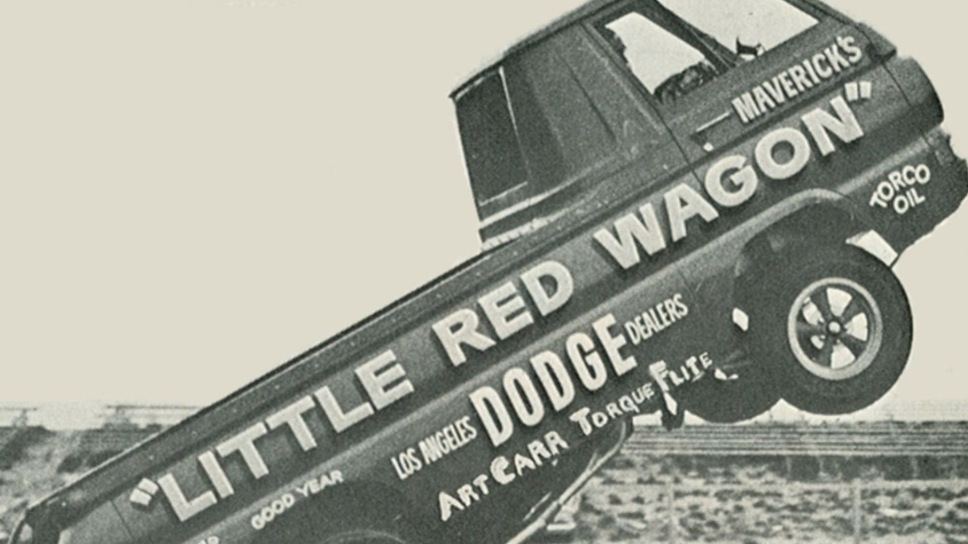 The Dodge Little Red Wagon exhibition racing truck. Uploaded from Flickr with Flickr-to-Commons (Flickr2Commons). This file is a scan created by Tom McKinnon of an older photograph.