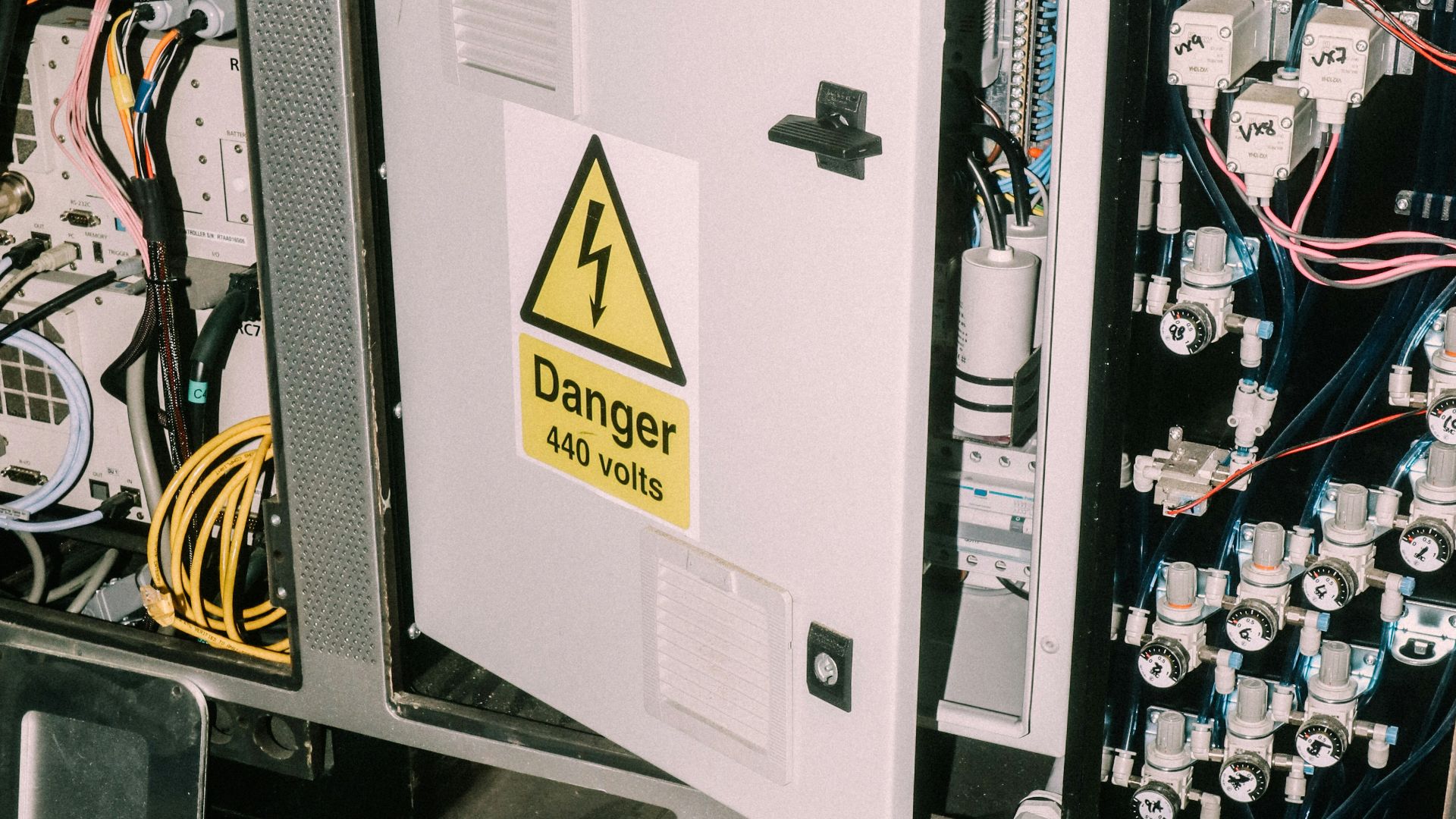 An open electrical panel with a danger 440 volts sign