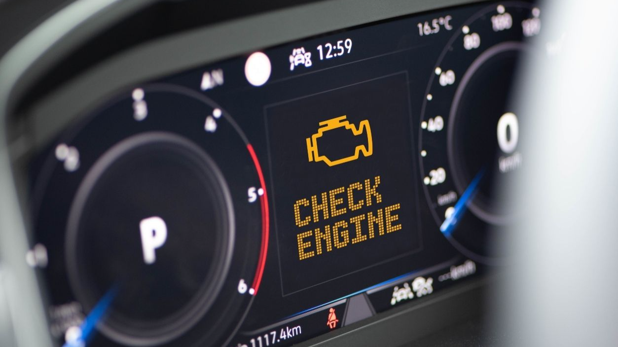 Shutterstock-2524289797, Interior of a modern car and a Check Engine warning light