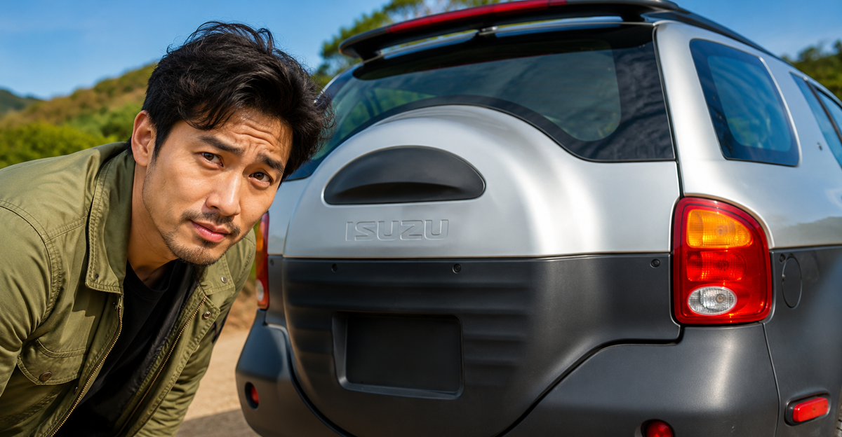 AI-generated image of a man leaning down next to the rear of an Isuzu VehiCROSS