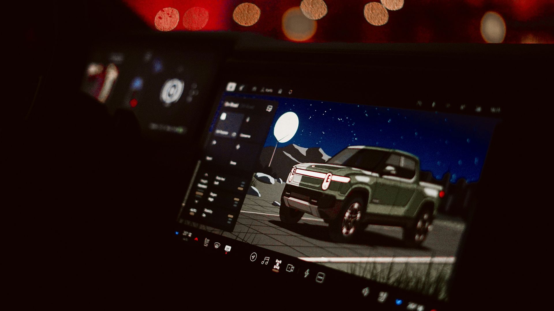 Car dashboard screen displaying a futuristic truck