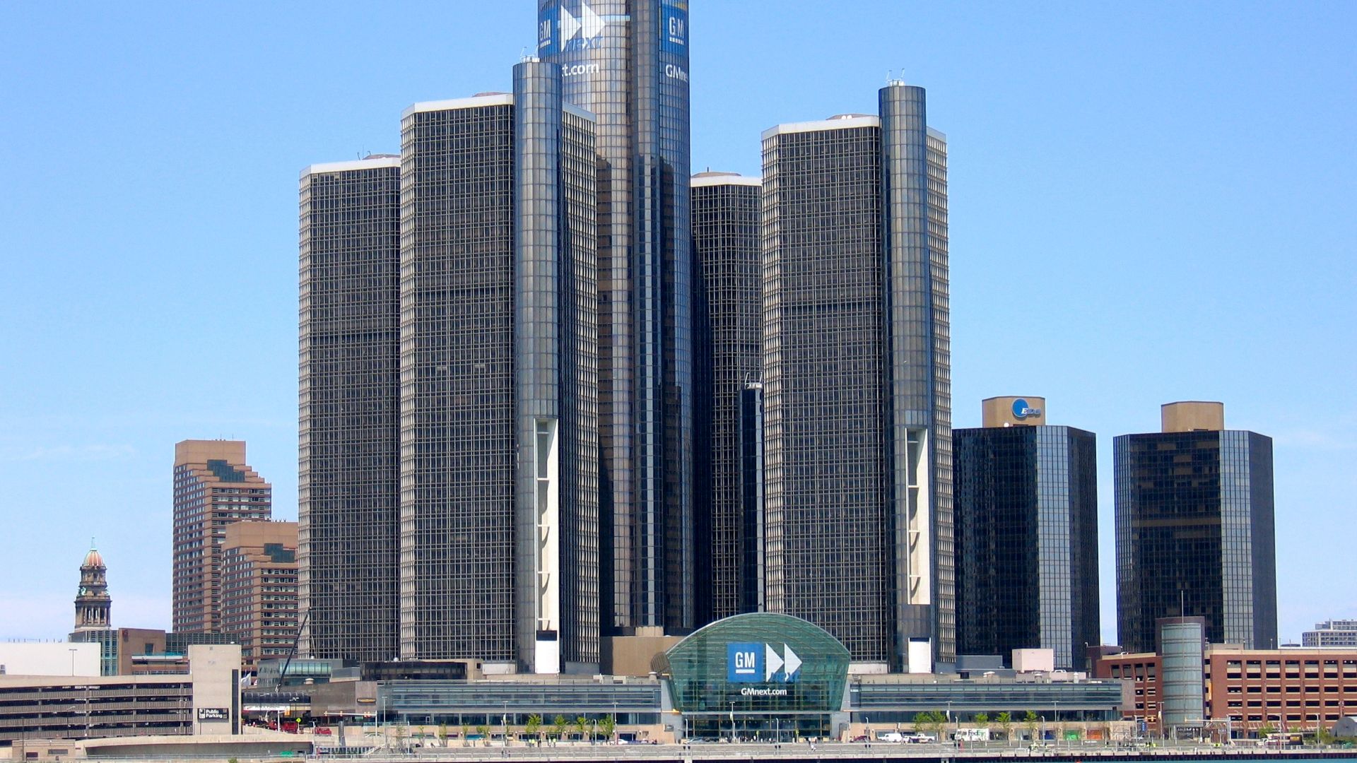 Picture of GM's headquarters in Detroit. Taken from Windsor on the Canadian side of Detroit River.