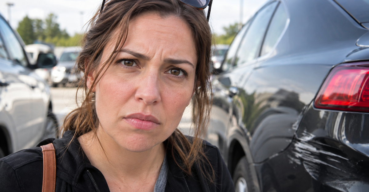 Woman next to her car with scratched bumper