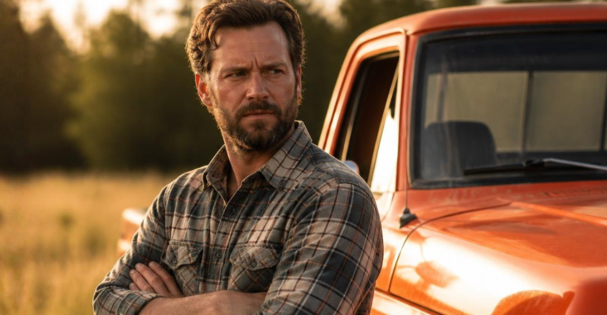 Perturbed man standing by truck.