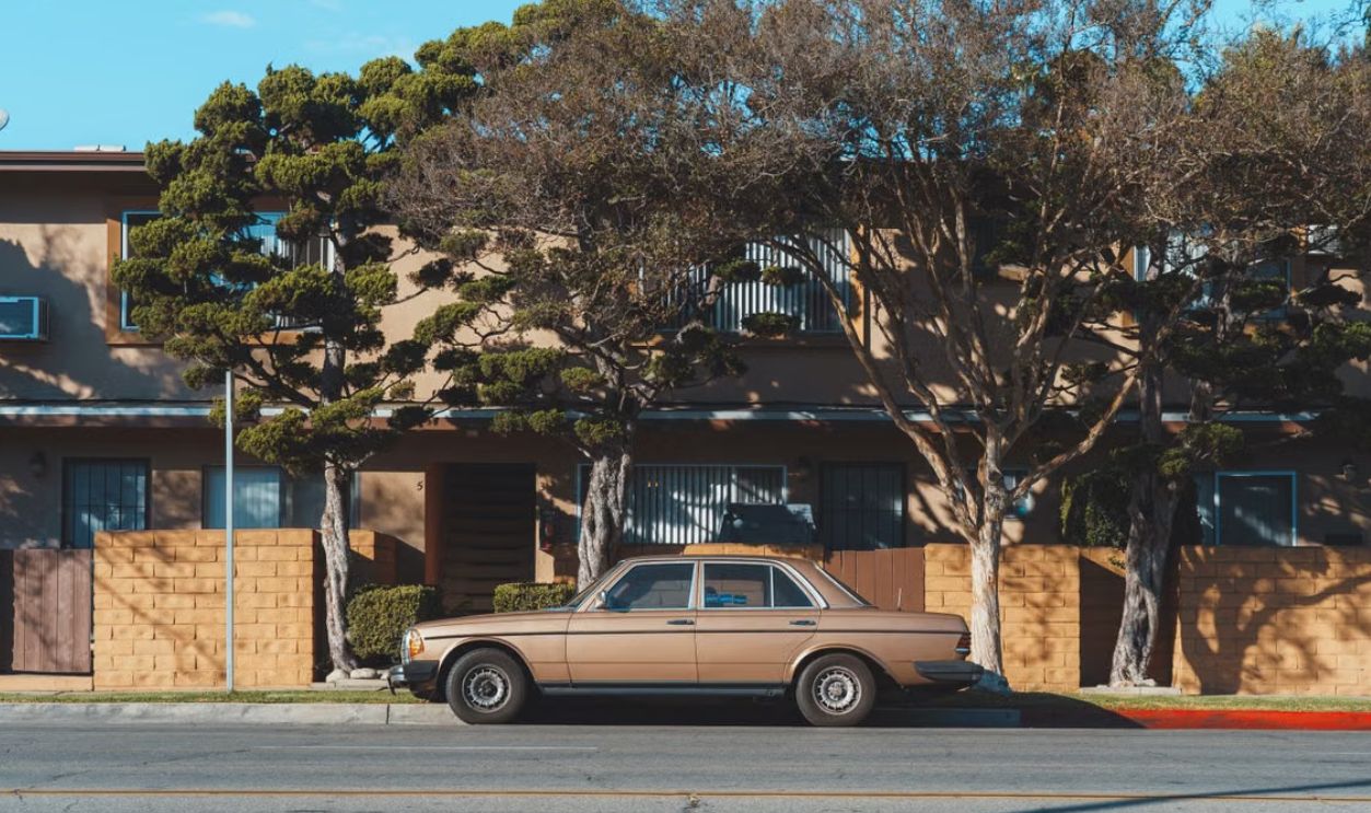 Classic Mercedes-Benz on a sunny street in Los Angeles, California, showcasing vintage aesthetics