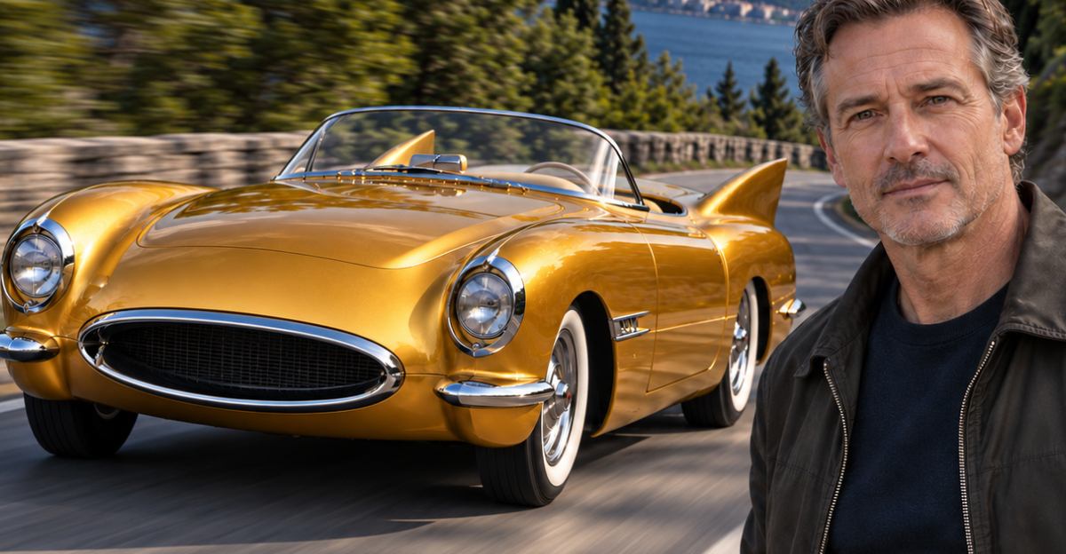 Gold car on road, man in foreground looking at camera