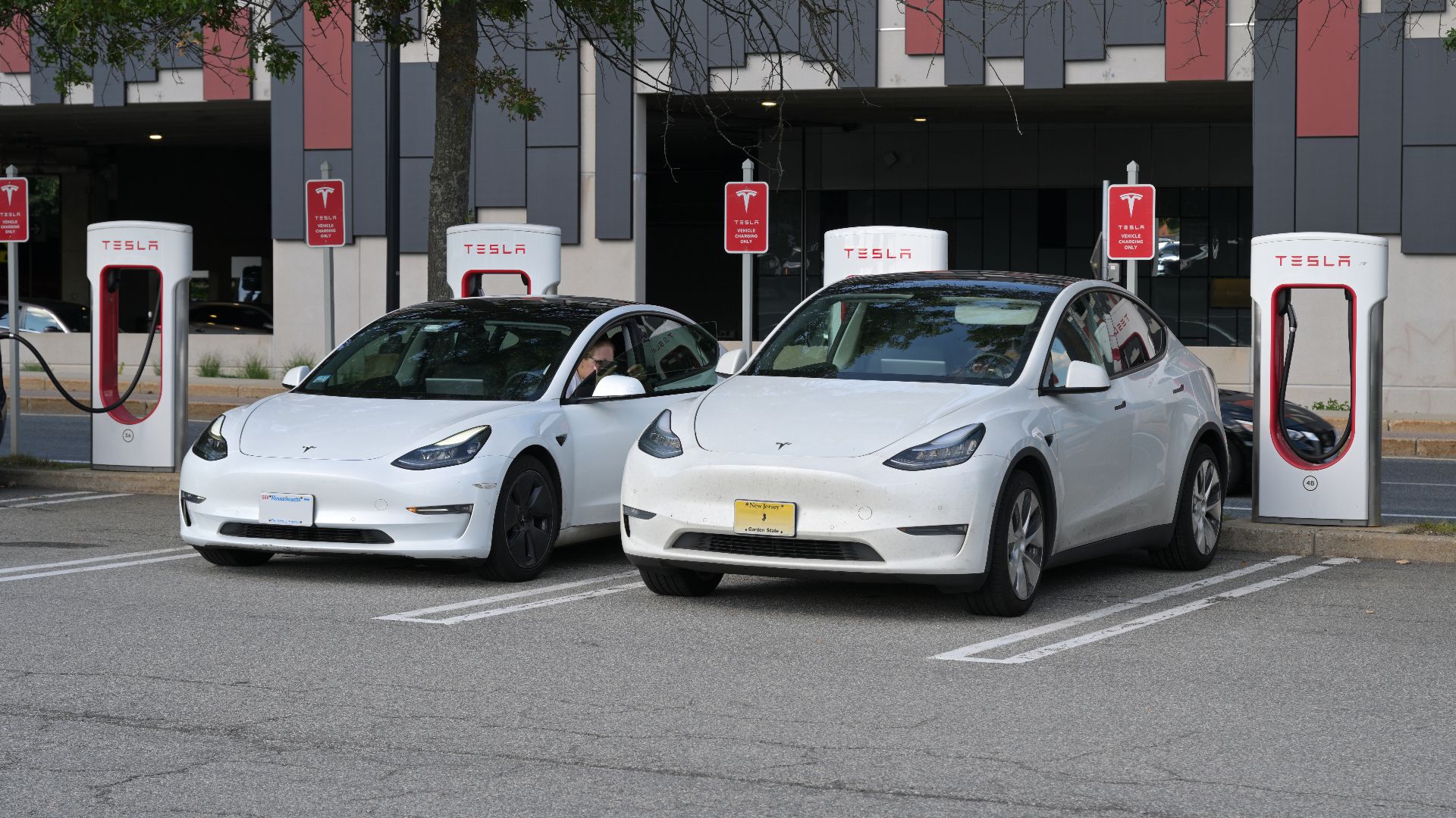 A Tesla Model 3 (left) sits next to a Model Y (right), showing the difference in height. Both are charging at a Supercharger station in Framingham, Massachusetts