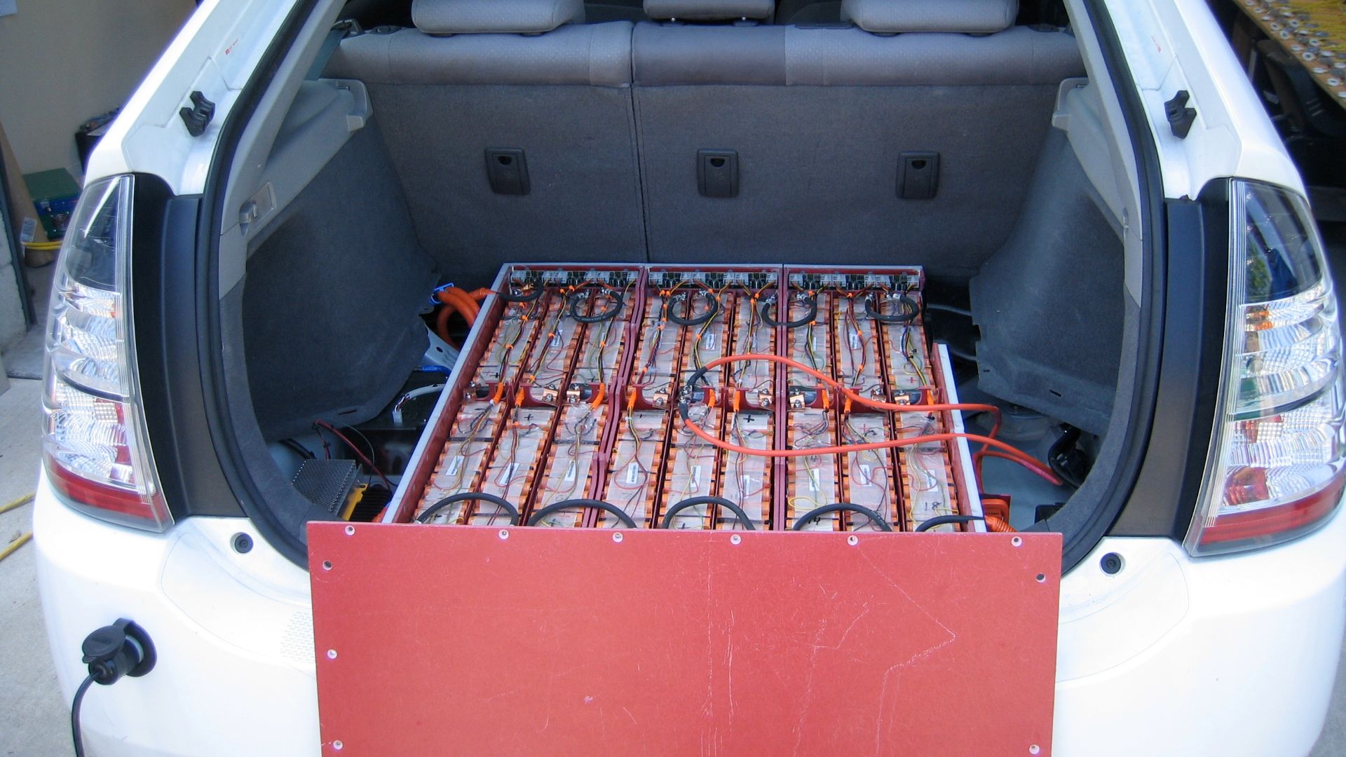 Lithium-ion battery pack in CalCars' EnergyCS/EDrive converted Prius from http://www.calcars.org/photos.html.
Felix writes:

Thanks...you're the expert on navigating wiki-talk. If you know exactly what to do,
can you say that you've been authorized to say