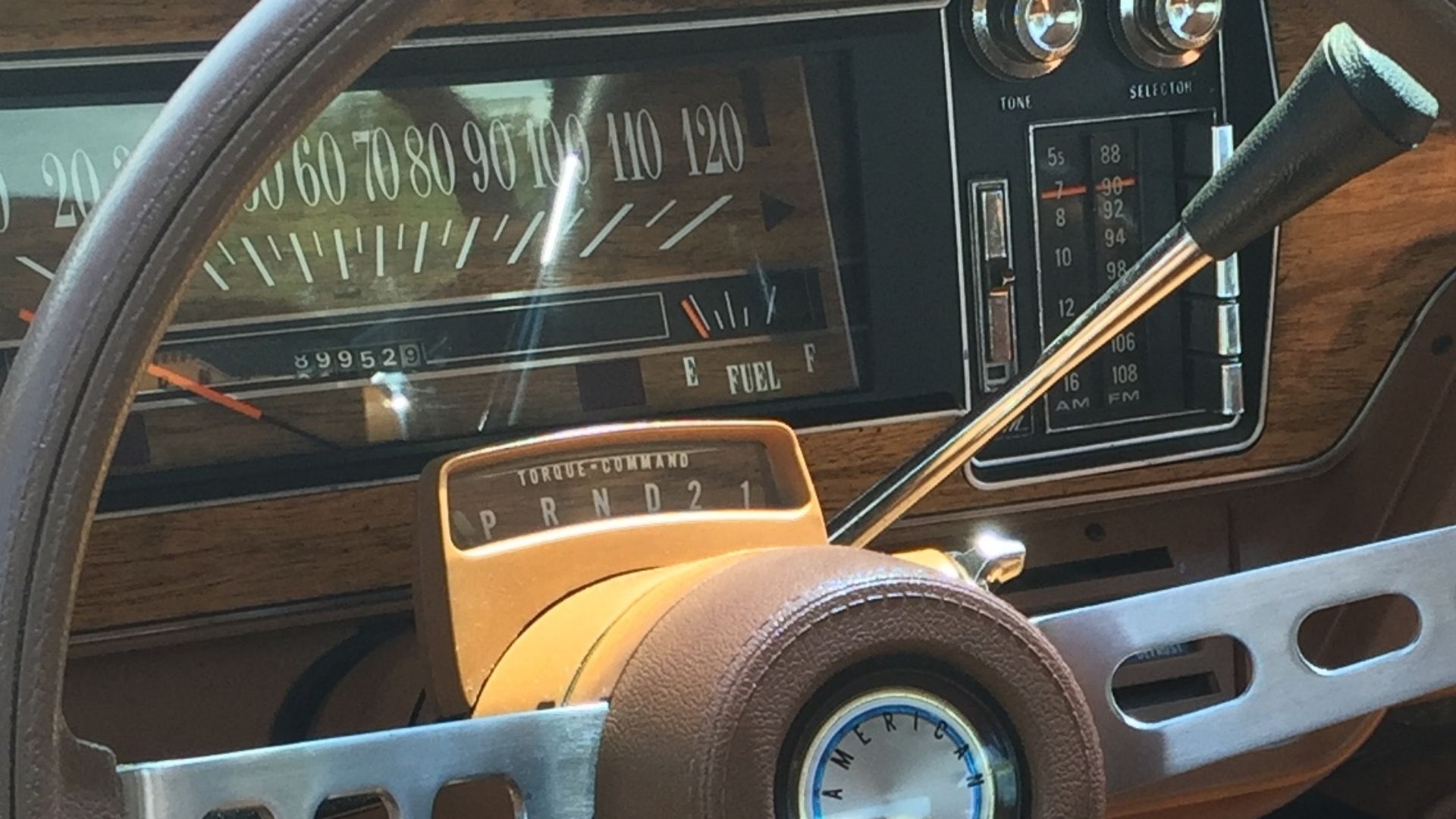 1973 AMC Ambassador Brougham sedan in beige with cinnamon and 401 V8 at 2015 Macungie show - derived from image #9 in this series - image focusing on the