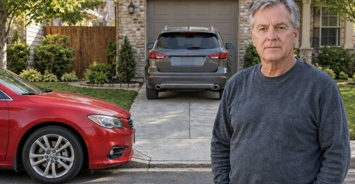 car parked very close to driveway, man in foreground looking at camera