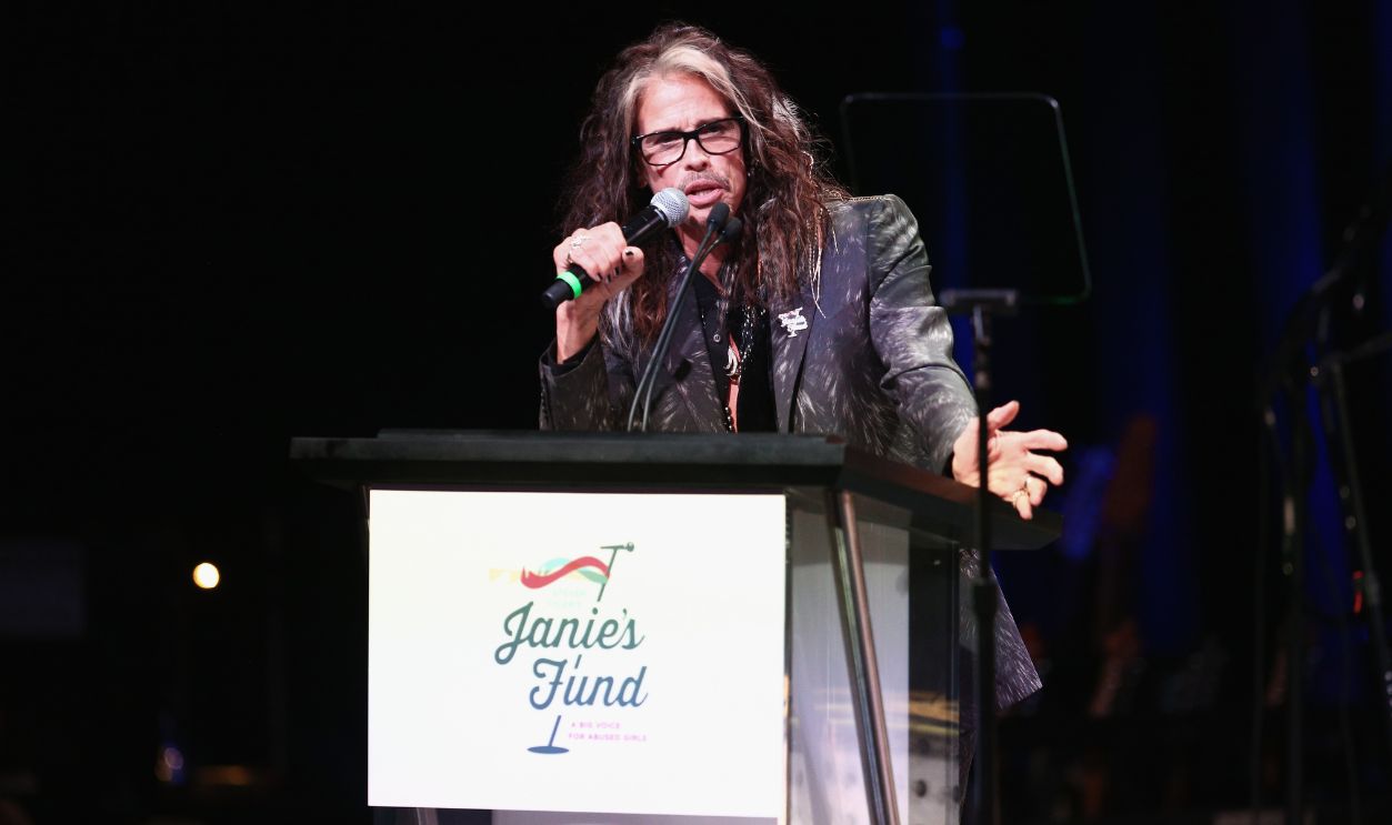 LOS ANGELES, CA - JANUARY 28: Steven Tyler speaks onstage at Steven Tyler and Live Nation presents Inaugural Janie's Fund Gala & GRAMMY Viewing Party at Red Studios on January 28, 2018 in Los Angeles, California.