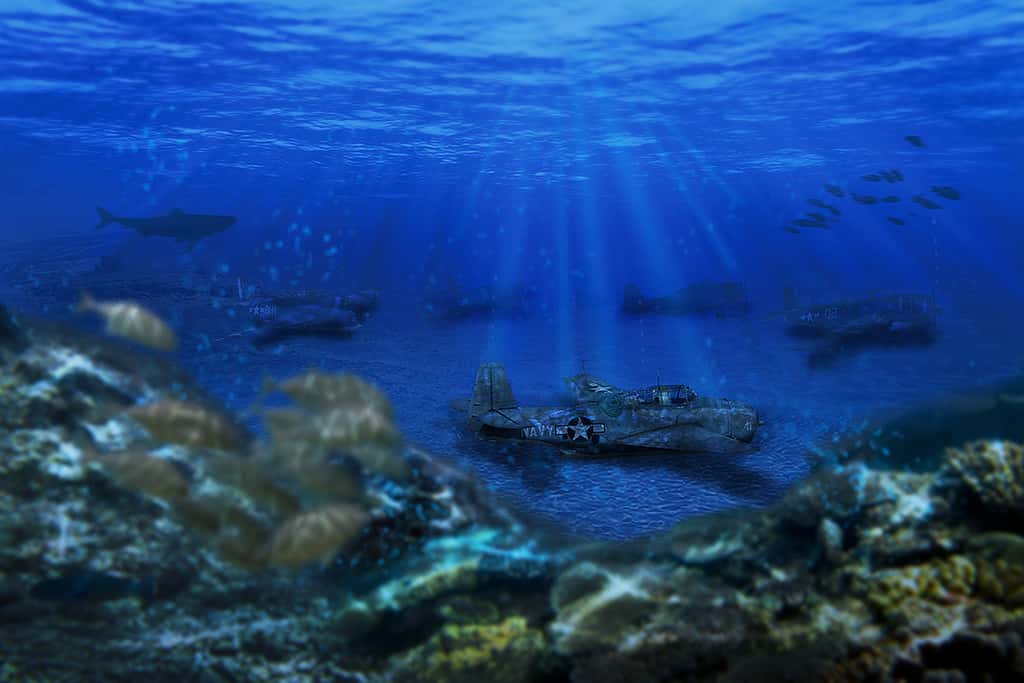 photo depicting the Bermuda triangle fort Lauderdale, war airplanes, shark and fish