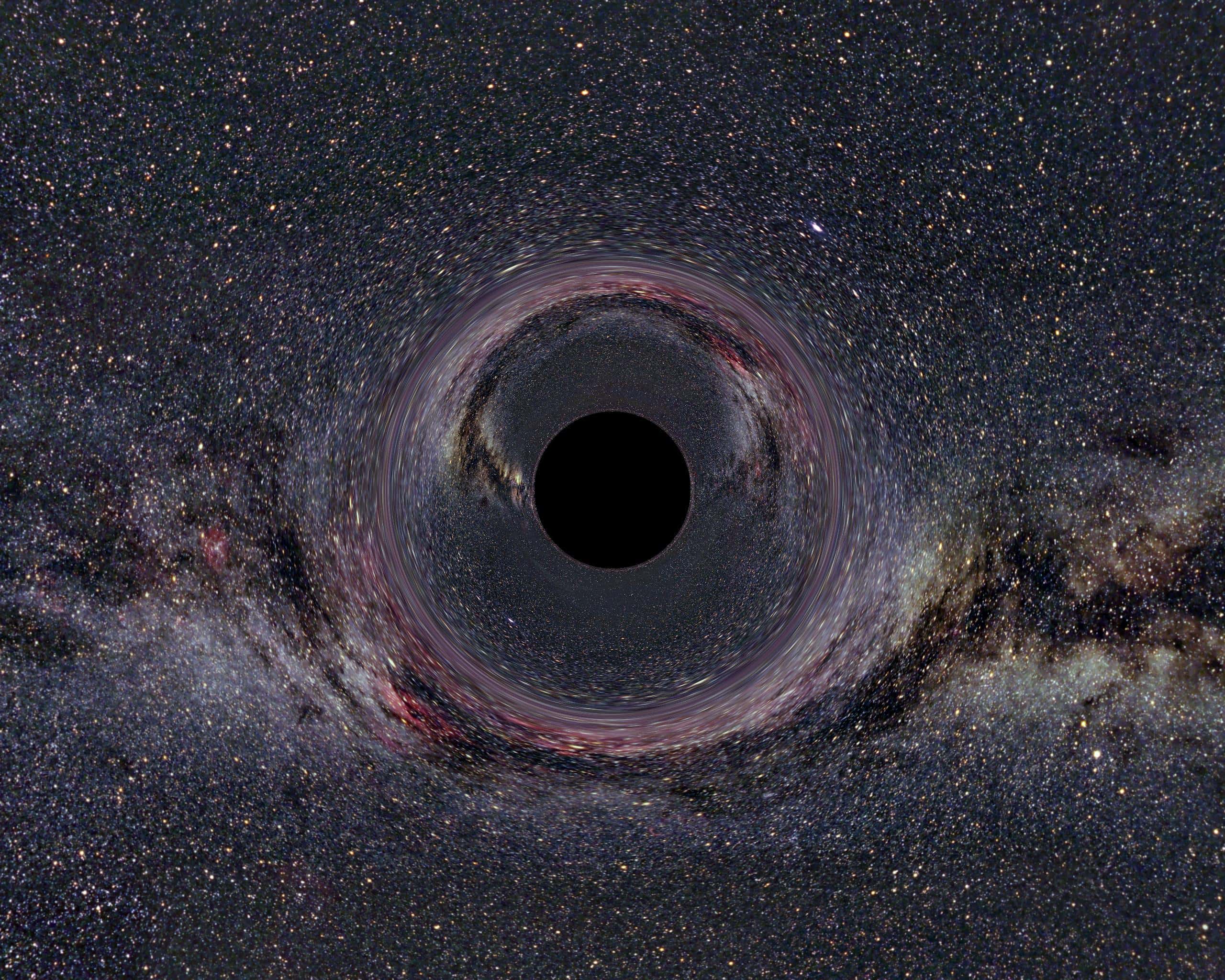 A simulated Black Hole of ten solar masses as seen from a distance of 600km with the Milky Way