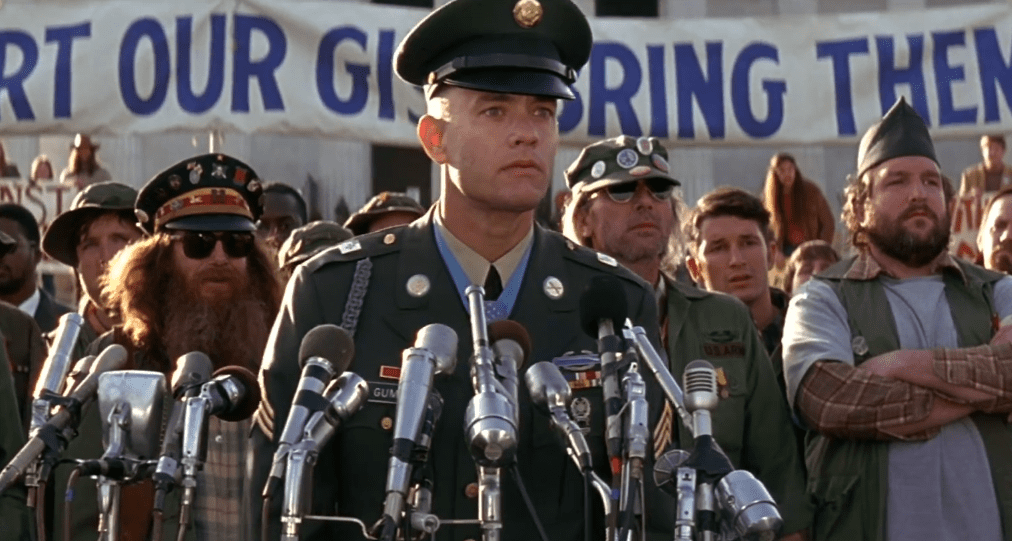 Tom Hanks as Forrest Gump giving a speech