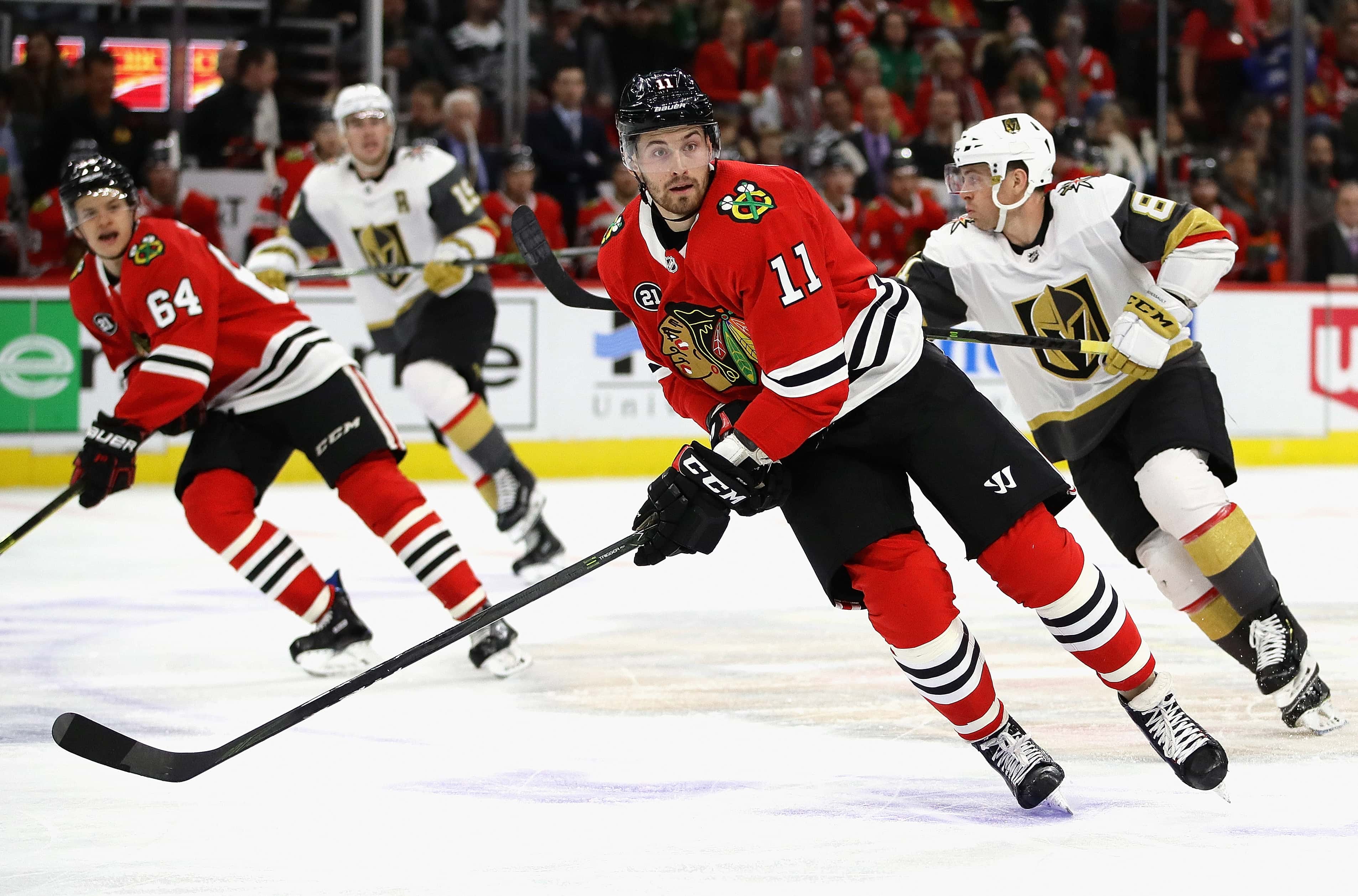 Brendan Perlini #11 of the Chicago Blackhawks skates against the Vegas Golden Knights at the United Center in Chicago
