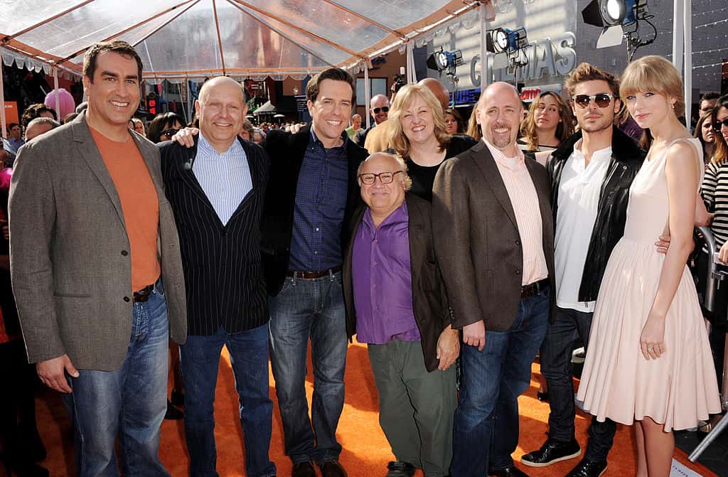 Actor Rob Riggle, Producer Chris Meledandri, actor Ed Helms, Danny DeVito, producer Janet Healy, director Chris Renaud, actors Zac Efron and Taylor Swift arrive at the premiere of Universal Pictures and Illumination Entertainment's 3D-CG "Dr. Seuss' The Lorax" at Citywalk on Universal City