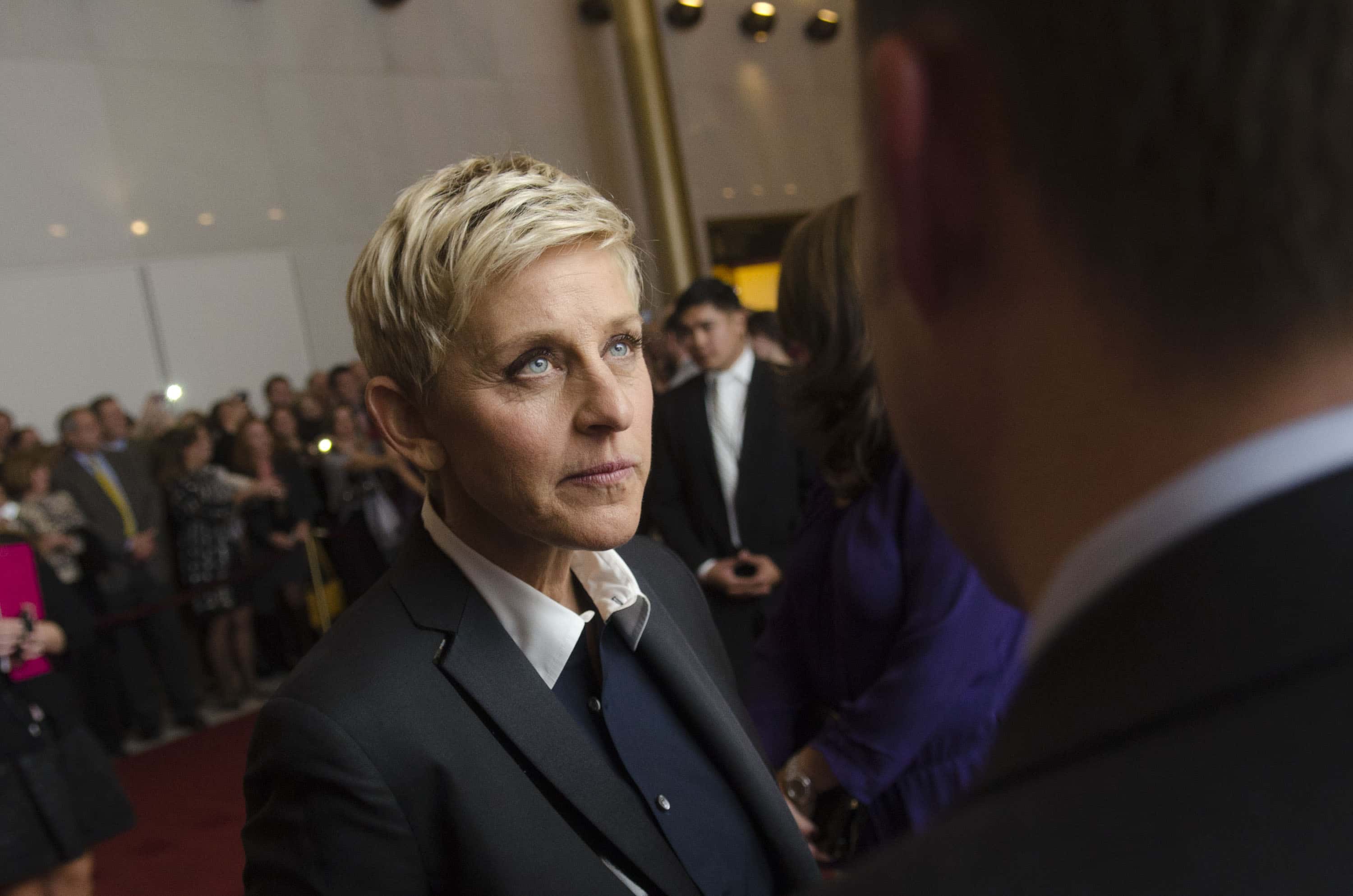 Ellen DeGeneres speaks with reporters on the red carpet