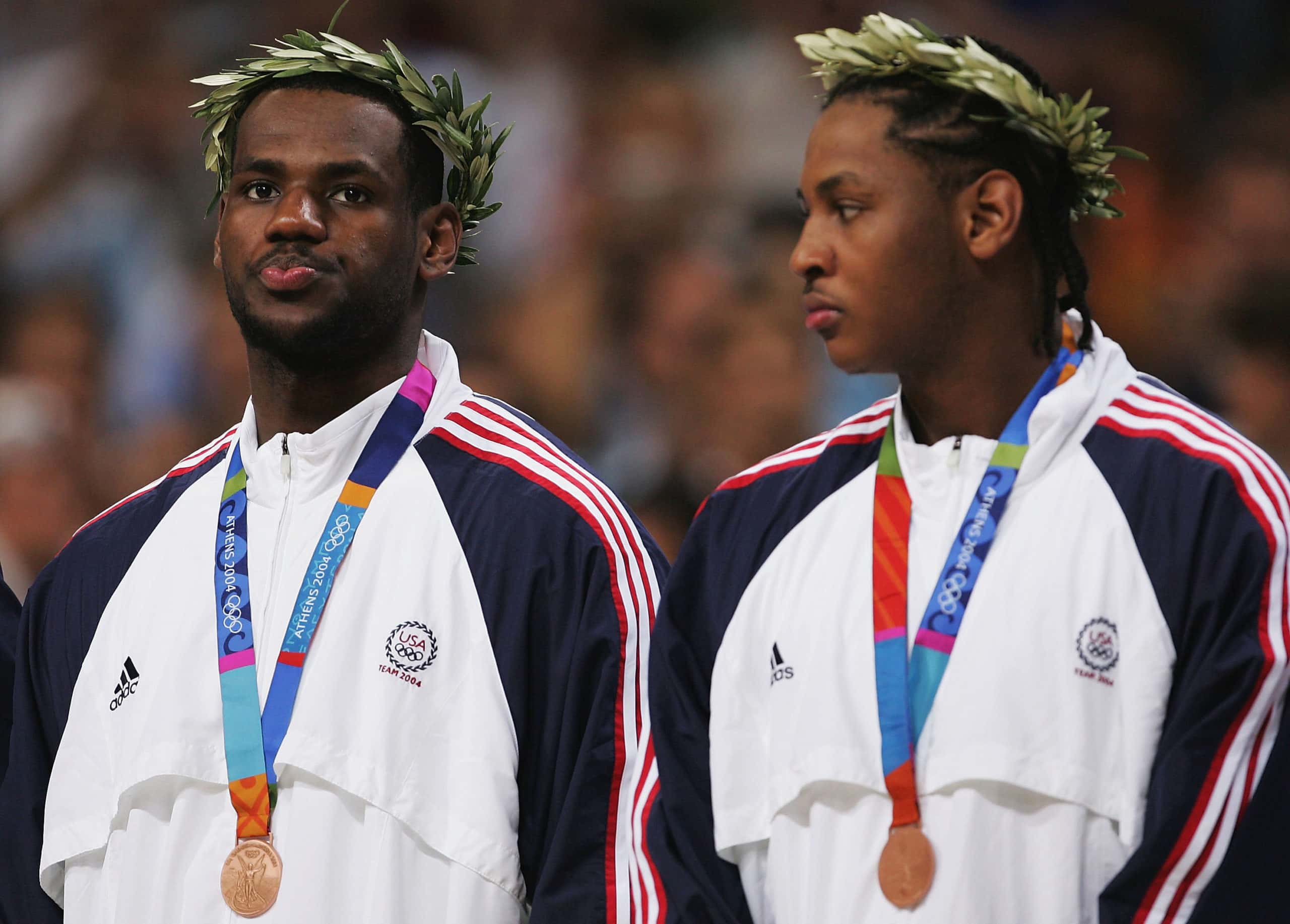 LeBron James #9 and Carmelo Anthony #8 of the United States receives the bronze medal