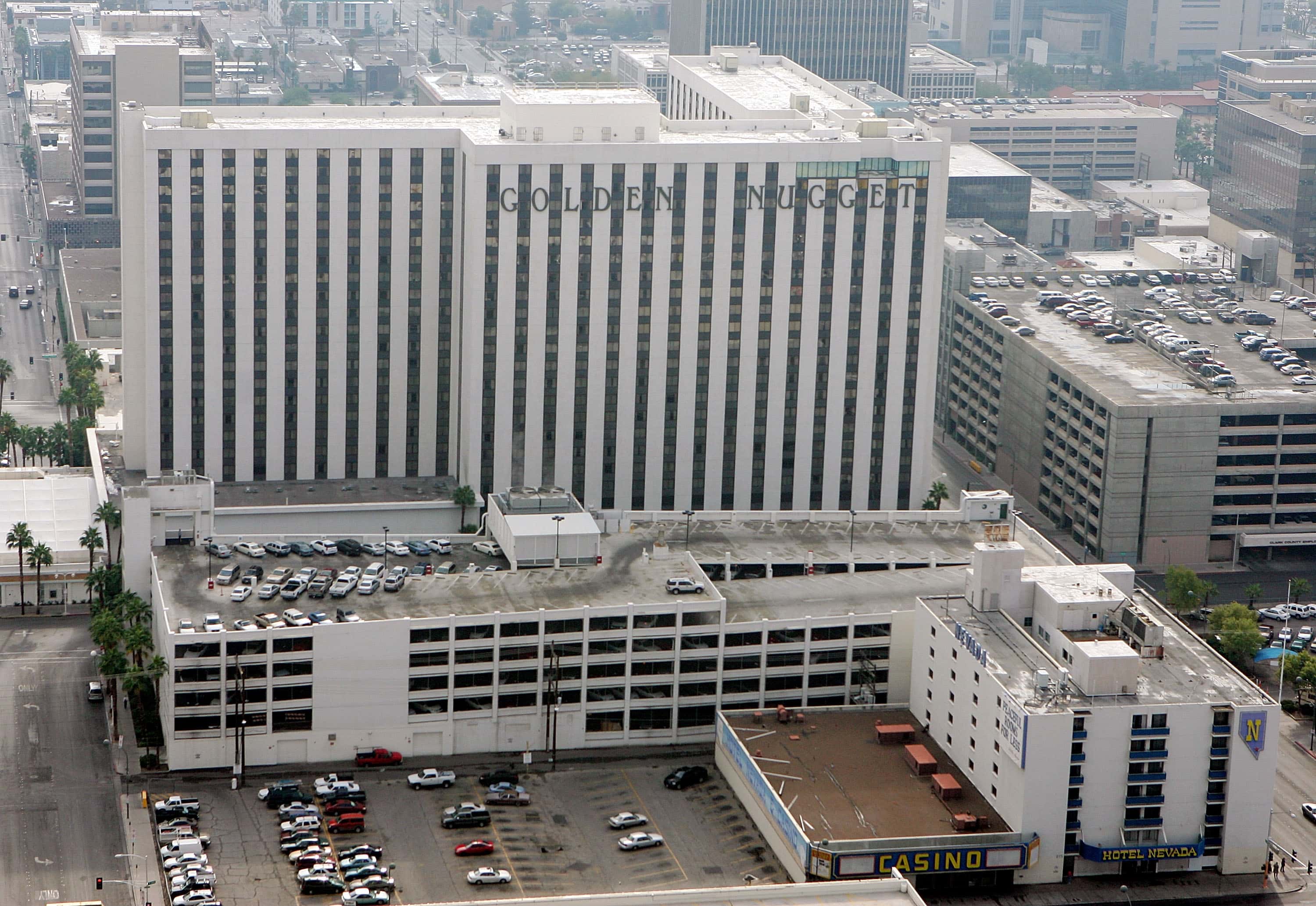 An aerial photo shows the Golden Nugget Hotel & Casino in Las Vegas