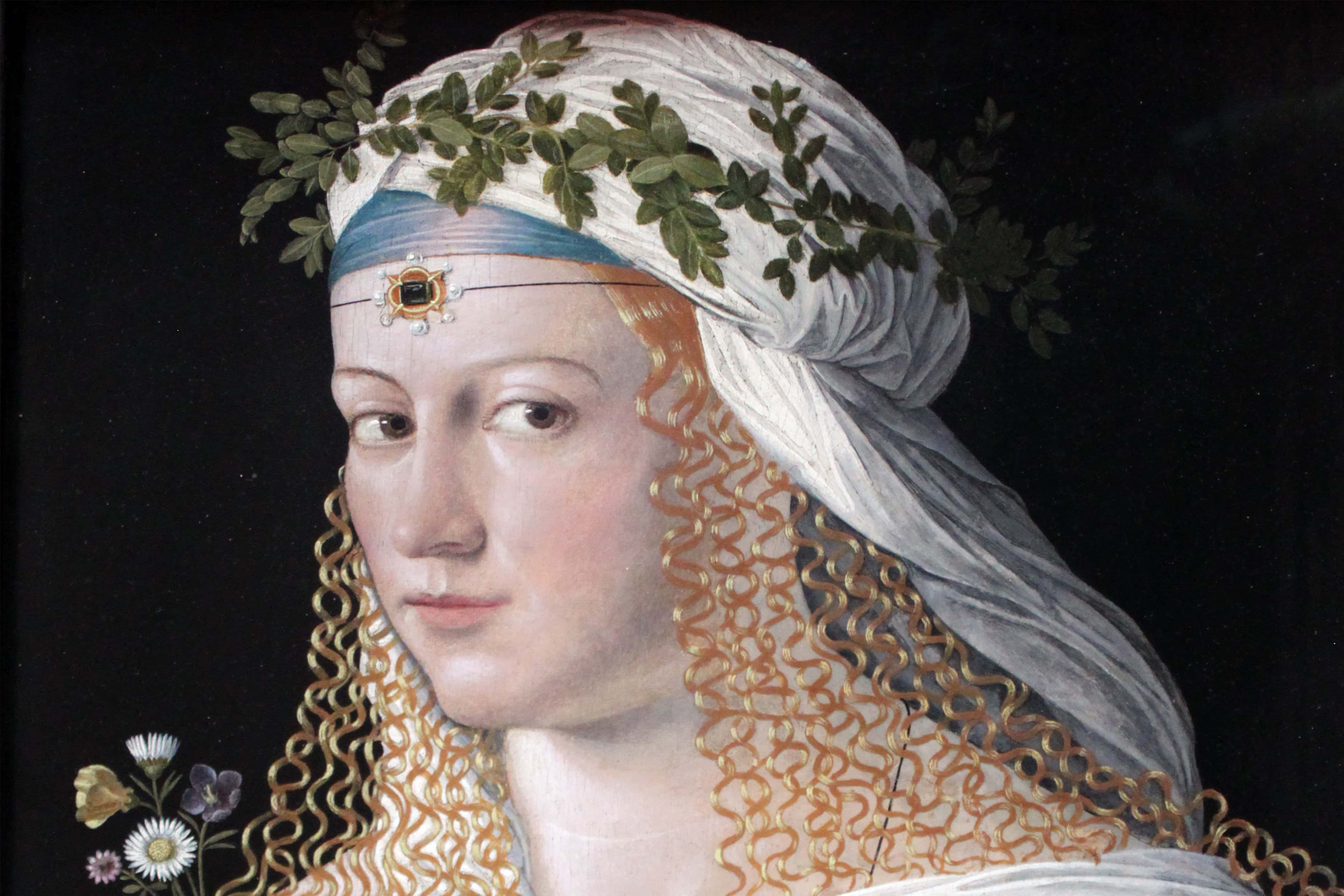 Idealised Portrait Painting of a Lucrezia Borgia holding a flower by Bartolomeo Veneto