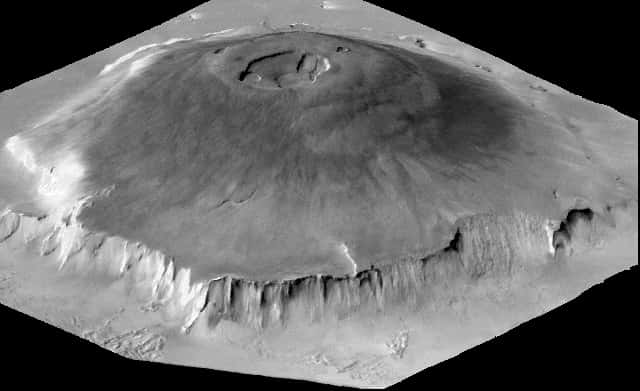 Grayscale Photo of Olympus Mons, a mountain on Mars