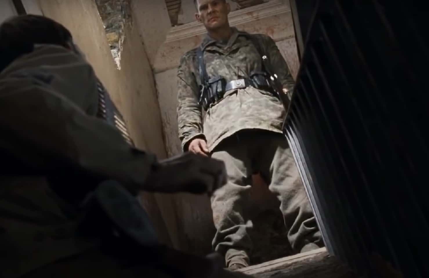 Screenshot of scene of soldiers inside - from Saving Private Ryan (1998)