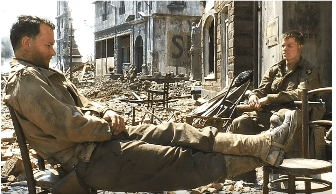 Screenshot of (Tom Hanks) Captain Miller and (Matt Damon) Private Ryan outside - from Saving Private Ryan (1998)