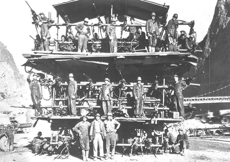Grayscale Photo of the Hoover Dam Jumbo Rig