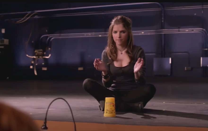 Photo of the Actress Anna Kendrick from the movie Pitch Perfect, sitting cross legged, wearing black outfit, smiling