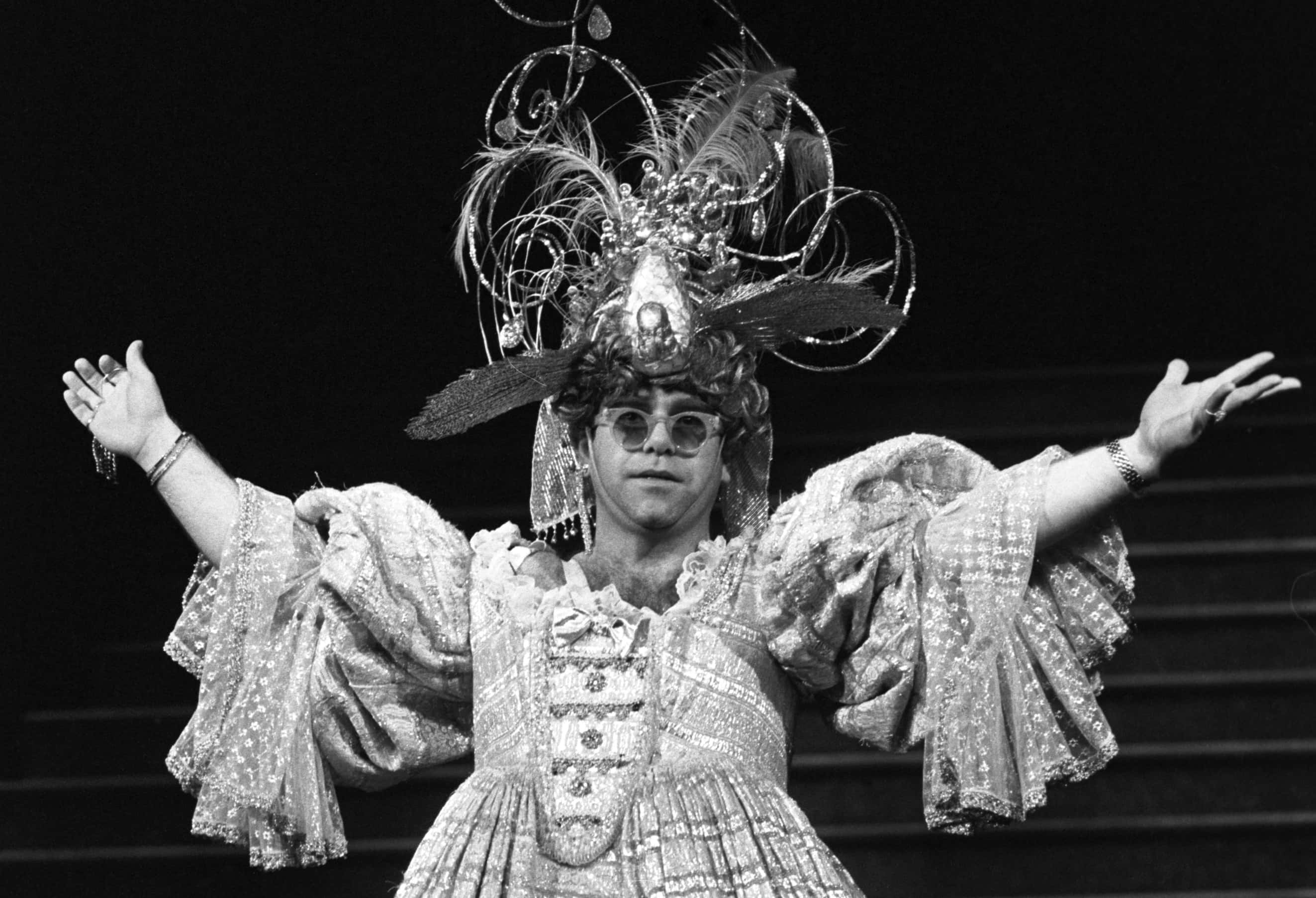 Elton John pictured wearing a typically flamboyant costume - 1984