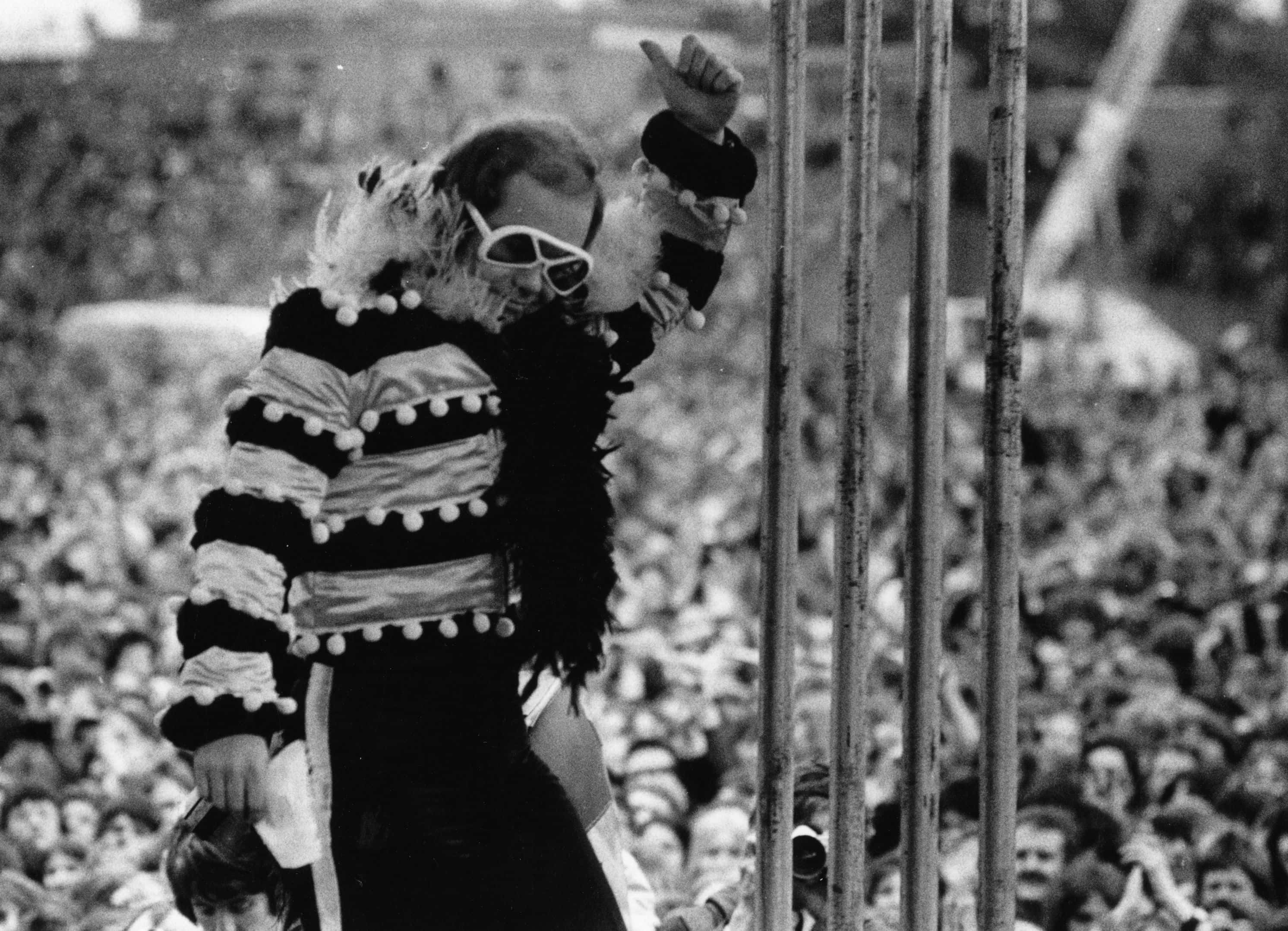 Elton John on stage before a vast crowd at an open-air concert - 1974