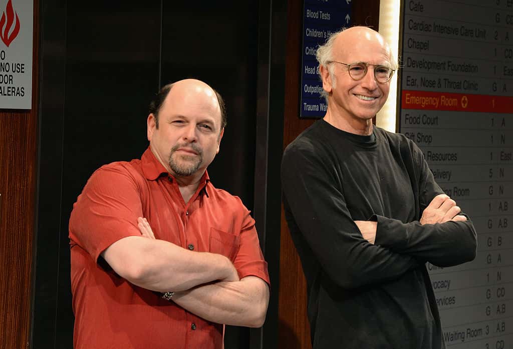  Jason Alexander (L) and Larry David attend Broadway's "Fish In The Dark" Press Preview at Cort Theatre